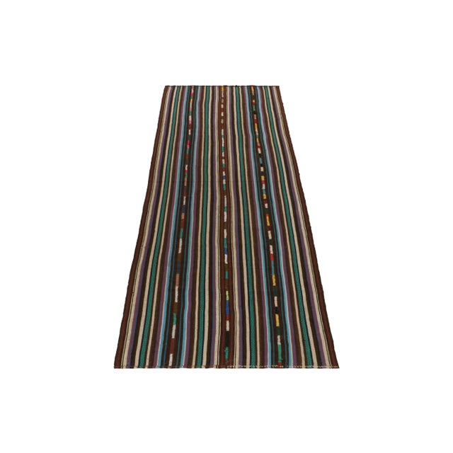 Traditional 1950s Vintage Chaput Kilim Rug in Beige-Brown, Blue Stripe Gradient Pattern For Sale - Image 3 of 7