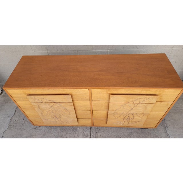 Mid-Century Modern Hawaiian Style Dresser With Relief Carved Tropical Foliage 1950's For Sale - Image 13 of 18