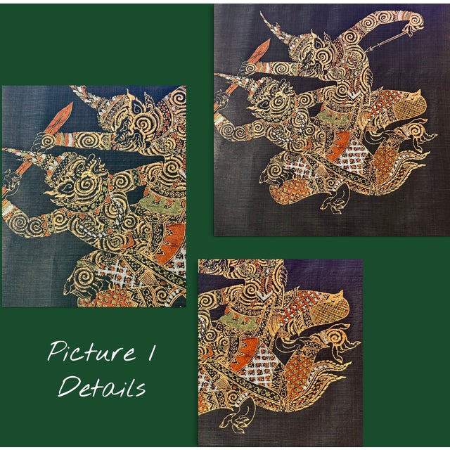 Vintage Thai Silk Paintings-Pair-Ramakien-Thailand Framed Asian Art-Mythology For Sale - Image 4 of 10