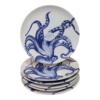 1990s Ceramiche Italia Blue Octopus Lucy Dinner Plates - Set of 5 For Sale