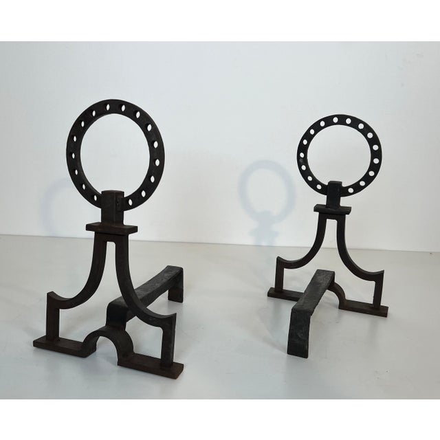 Pair of modernist wrought iron andirons in the style of Gilbert Poillerat For Sale - Image 6 of 12