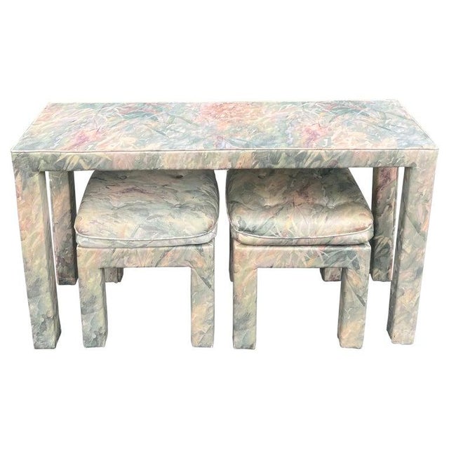 Mid-Century Modern Parsons Console Table With Upholstered Ottomans For Sale - Image 18 of 18