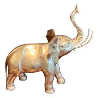 Vintage Solid Brass Elephant Figurine Large Heavy 15" Statue Trumpeting Trunk For Sale