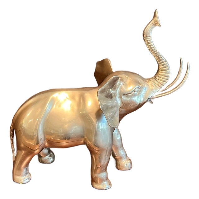 Vintage Solid Brass Elephant Figurine Large Heavy 15" Statue Trumpeting Trunk For Sale