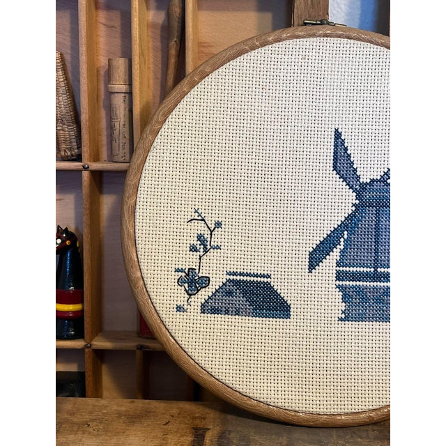 1970s Vintage Handcrafted Finished Cross Stitch Needlepoint Windmill and House For Sale - Image 5 of 8