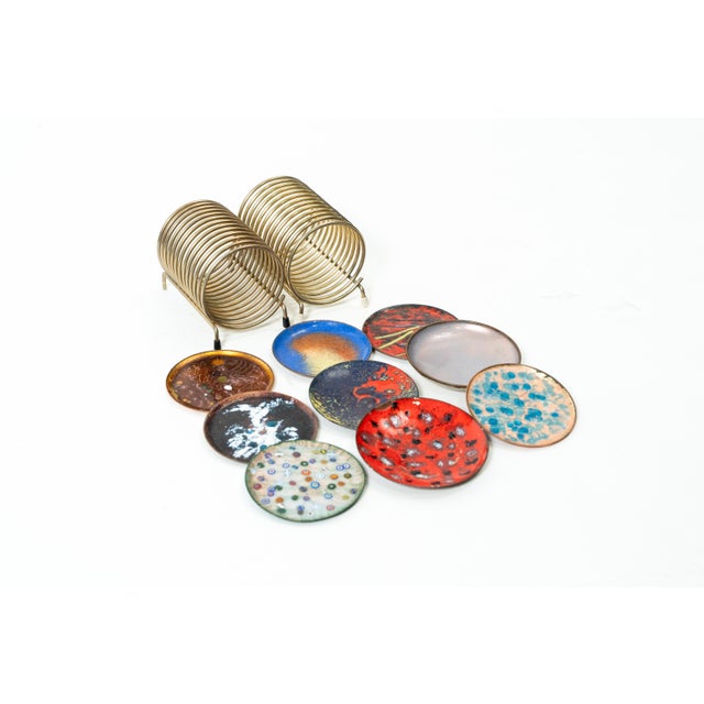 Mid-Century Modern Vintage Enamel Copper Coasters, 1960s, Set of 2 For Sale - Image 3 of 6