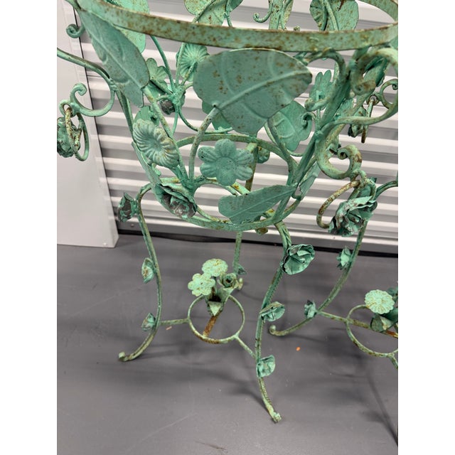 Verdigris 1970s Large Verdigris Wrought Iron Standing Planters With Decorative Dangling Rose and Leaf Motif, a Pair For Sale - Image 8 of 12