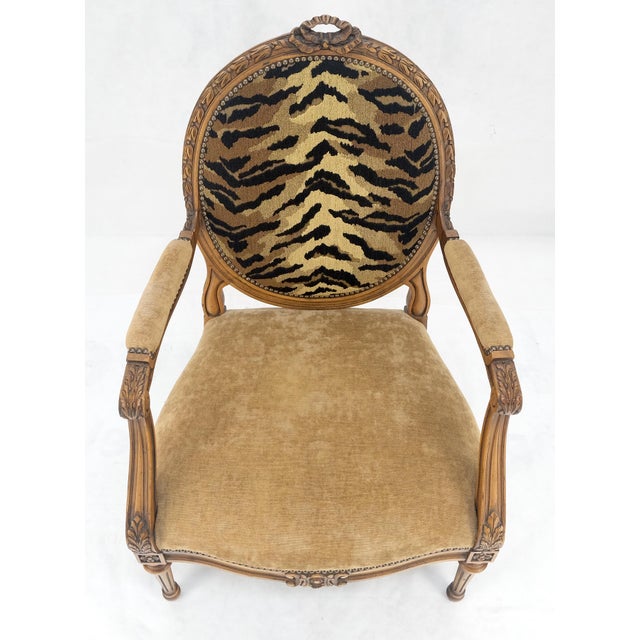 Carved Round Tiger Upholstery Back Camel Mohair Seat French Arm Chair MINT For Sale - Image 9 of 12