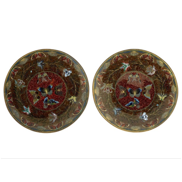 Antique Rare Pair Japanese Cloisonne Enamel Golstone Butterfly Plates Attributed to Honda A pair of identical antique...