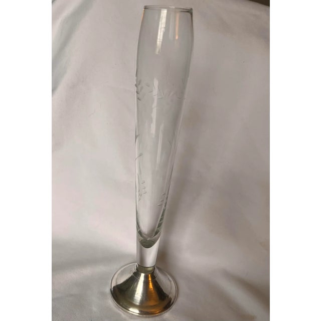 Lovely vintage etched glass bud vase with a weighted sterling silver base by Duchin Creation. Simple and elegant.