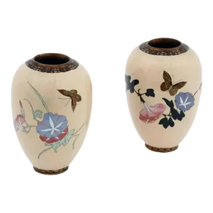 Late 19th Century A Pair of Barrel Shaped Japanese Meiji Cloisonne Enamel Butterfly Vases