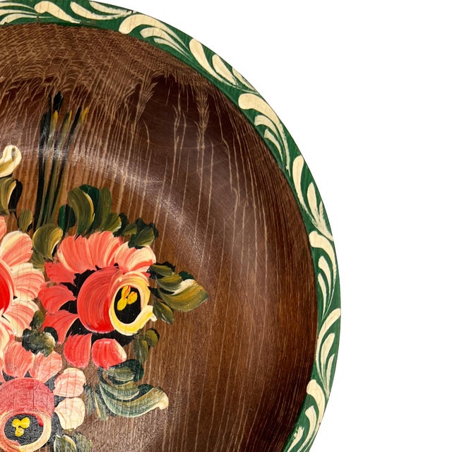 Mid-Century Modern Mid 20th Century Hand-Painted Folk Art Wooden Bowl, Floral Tole Design For Sale - Image 3 of 12