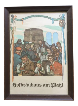 Vintage Limited Edition "Hofbrauhaus Am Platzl" Poster by ARoesler With Custom Wood Frame