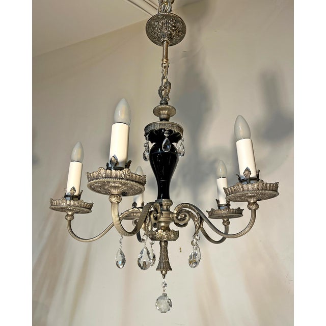 American Antique Five-Arm Metal, Black Glass and Crystal Chandelier For Sale - Image 3 of 15