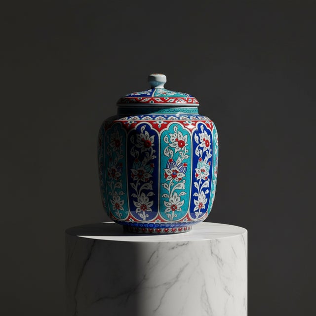 Turkish Handmade Ceramic Jar (25cm) “Aegean Columns” Design – Rhythmic Cobalt & Turquoise Architecture For Sale - Image 3 of 11