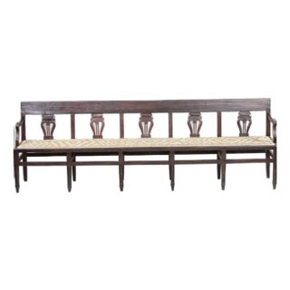 Antique Neoclassical Carved Lyre-Back Hall Bench With Rush Seat | Five-Seat Dining or Entry Bench For Sale