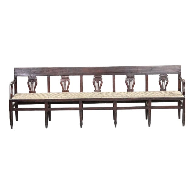 Antique Neoclassical Carved Lyre-Back Hall Bench With Rush Seat | Five-Seat Dining or Entry Bench For Sale