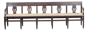Antique Neoclassical Carved Lyre-Back Hall Bench With Rush Seat | Five-Seat Dining or Entry Bench