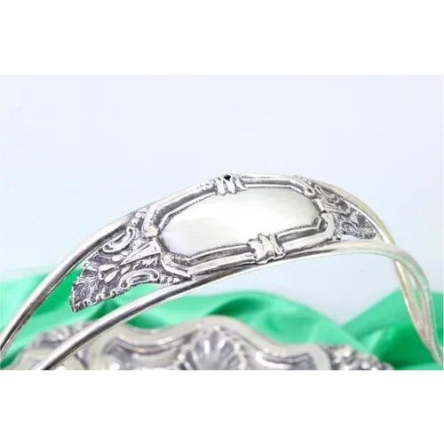 Silver Fruit Bowl with Shell-Shaped Cutouts, Reliefs, Double Handle with Monogram Card For Sale - Image 3 of 9