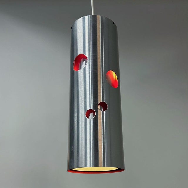 Cylinder Pendant Lamp with Aluminium with Red Perforations by Doria Leuchten, Germany, 1970s For Sale - Image 6 of 10