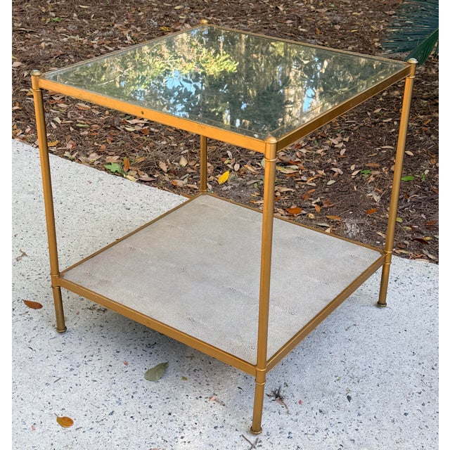 Hollywood Regency Lillian August 'Anton' Aged Brass and Shagreen Side Table For Sale - Image 3 of 14