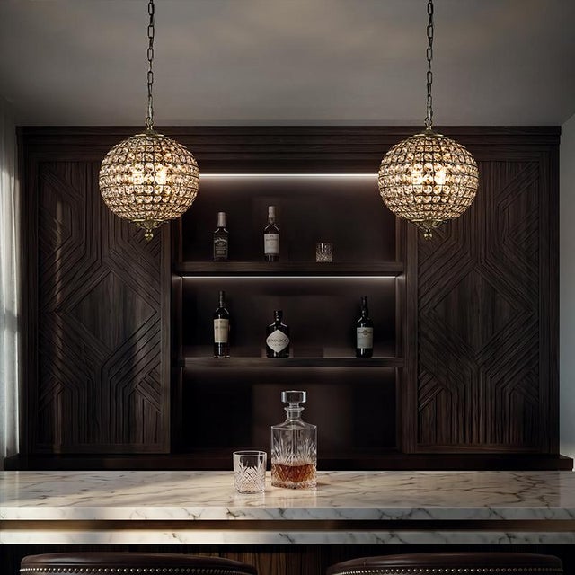 Brass Vintage Aloadecor 2-Light W12 In. Warm Brass Globe Chandelier Small Crystal Chandelier Cage-Style Shade Pendant Light For Sale - Image 8 of 10