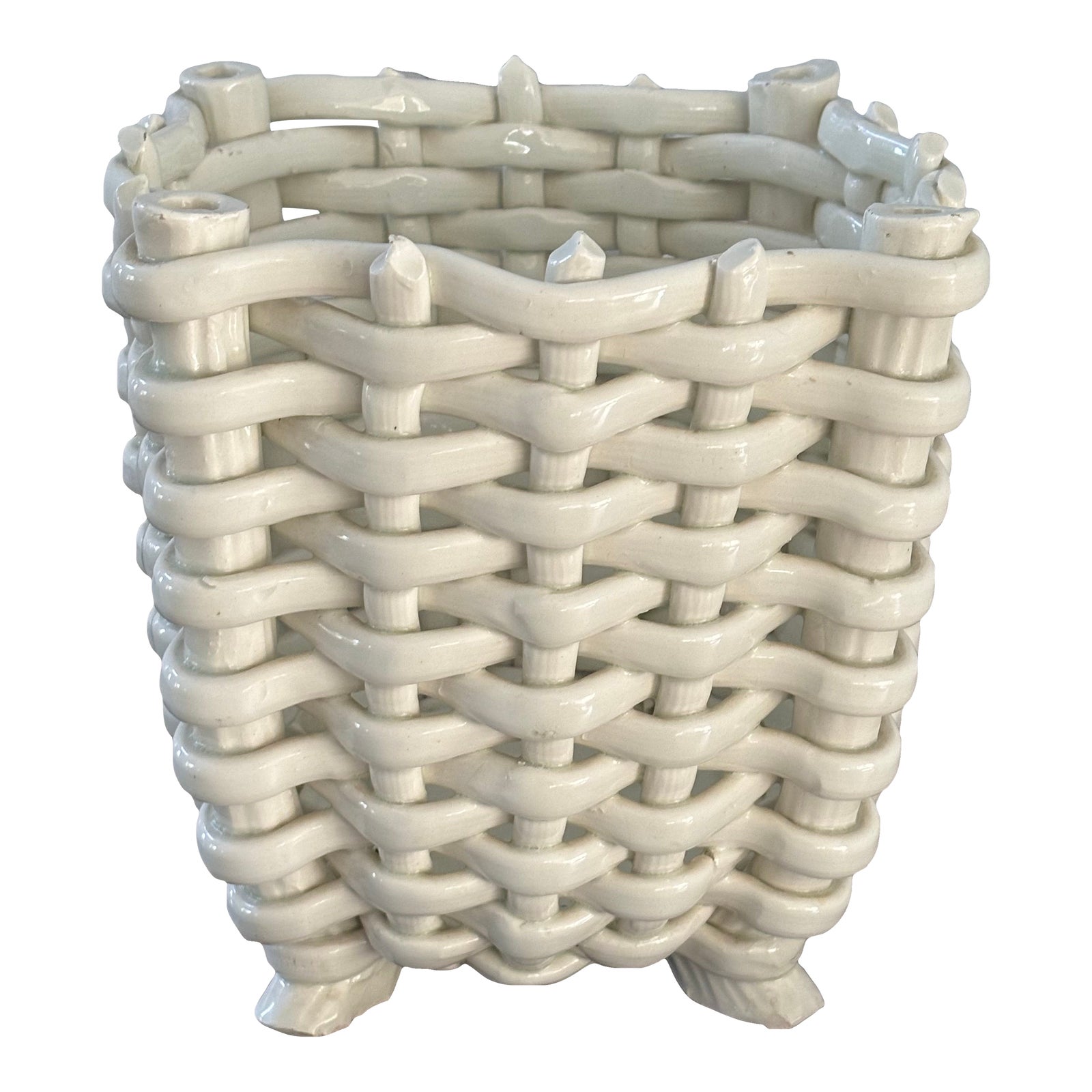 Large Vintage Ceramic Basketweave Footed Blanc De Chine Style Planter