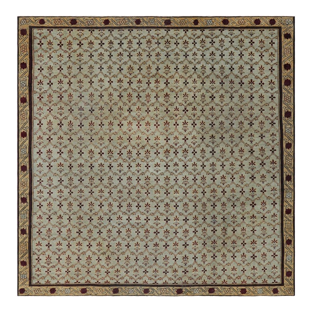 Antique Agra Square Rug in Blue and Green With Floral Patterns | Rug & Kilim For Sale