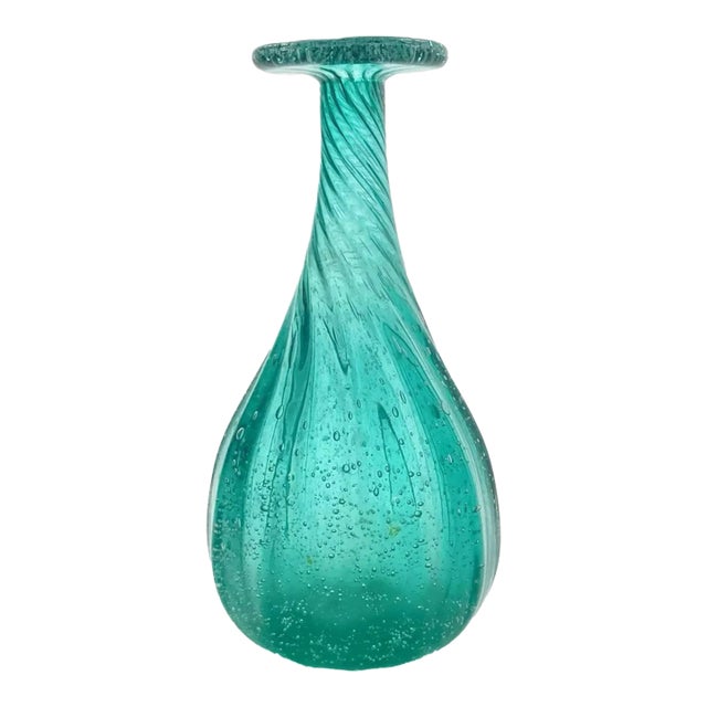 1970s Studio Postmodern Italian Teal Swirl Control Bubble Disk Lip Vase For Sale