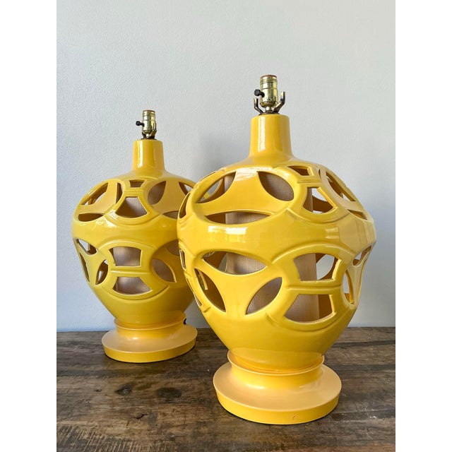 Vintage Glazed Ceramic Cutout Lamps - A Pair For Sale - Image 9 of 12