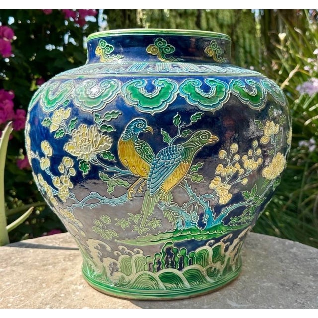 Blue Rare Ming Dynasty Fahua Ware Globular Jar /Vase Vibrant Bird & Flower Motif For Sale - Image 8 of 18