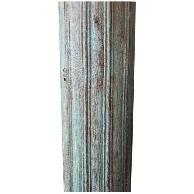 1900 - 1909 Pair of Hand Carved Reclaimed Teak Pillars With Stone Base | 8.5ft Tall Antique Indian Haveli Columns |Distressed Blue Architectural Salvage For Sale - Image 5 of 7