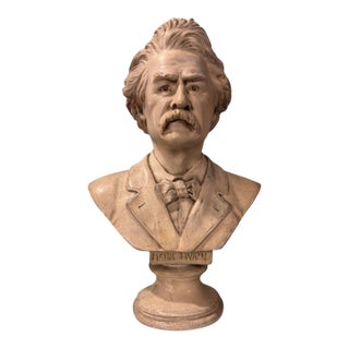 Vintage 15.5" Chalkware Figural Profile Statue Sculpture Bust of Mark Twain For Sale