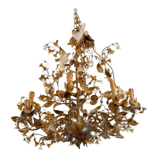 Gorgeous Italian Painted Metal & Murano Glass 8 Arm Chandelier For Sale