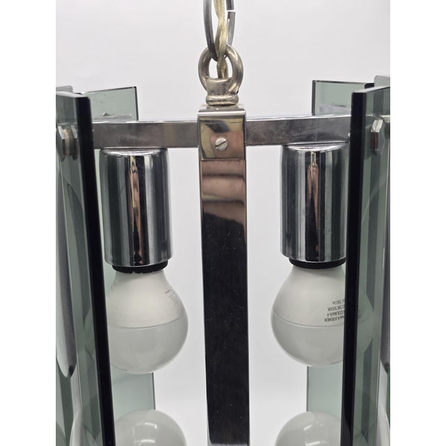 Pendant Light in Thick Green-Grey Glass and Chromed Metal in the style of Fontana Arte, 1970 For Sale - Image 11 of 14