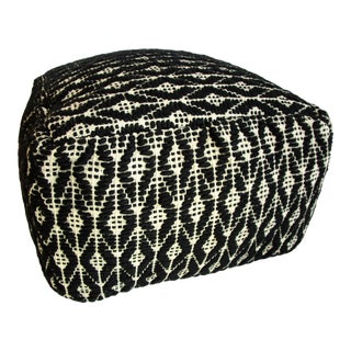 Boho Tribal Onyx Kilim Floor Pouf/Ottoman, Black/White For Sale