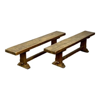 Pair of Provincial French Mid-Century Modern Patinated Elm Benches, Farmhouse For Sale