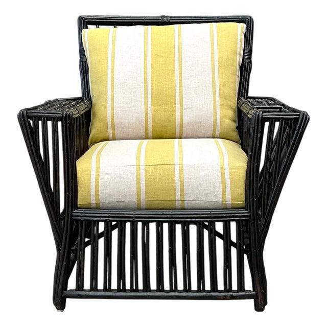 Vintage Stick Rattan Lounge Chair in Ralph Lauren Cabana Stripe For Sale