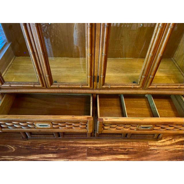 Brown 1980’s Rattan Wrapped Faux Bamboo Lighted China Cabinet For Sale - Image 8 of 11