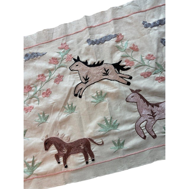 Mid-Century Modern Horse Suzani Wall Hanging, Pink Rose Vines For Sale - Image 3 of 6