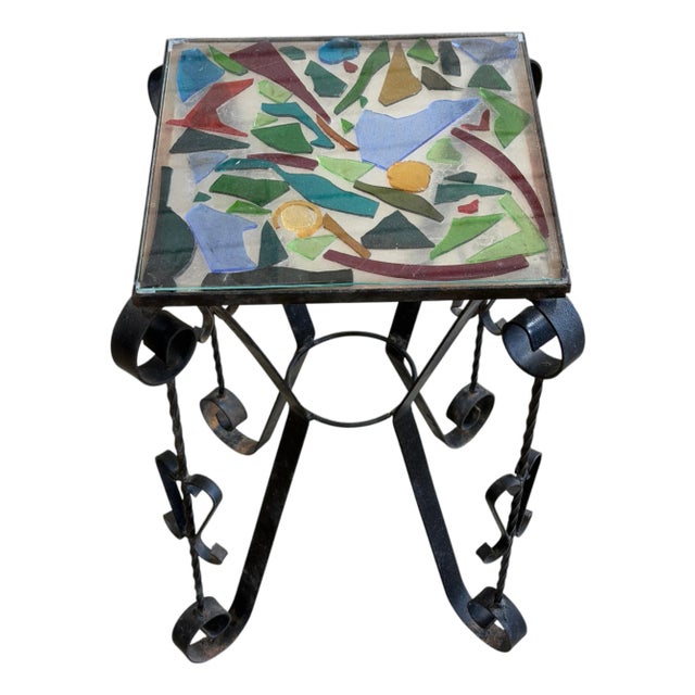 Italian Mid-Century Wrought Iron Mosaic Glass Side Table, 1960s For Sale