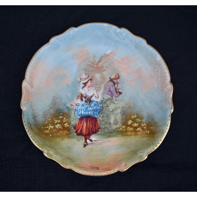 Ceramic Antique LRL Limoges France Hand Painted Plate Courting Couple Signed Valentin For Sale - Image 7 of 14