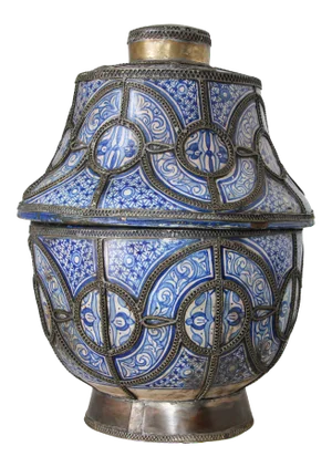 Large Moorish Moroccan Fez Blue & White Ceramic Footed Lidded Urn