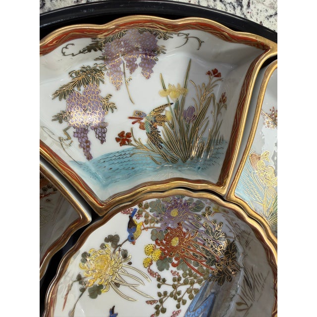 Vintage Japanese Porcelain 7-Pc Lazy Susan Sweet Meat Set Birds Flowers Gold For Sale - Image 12 of 13