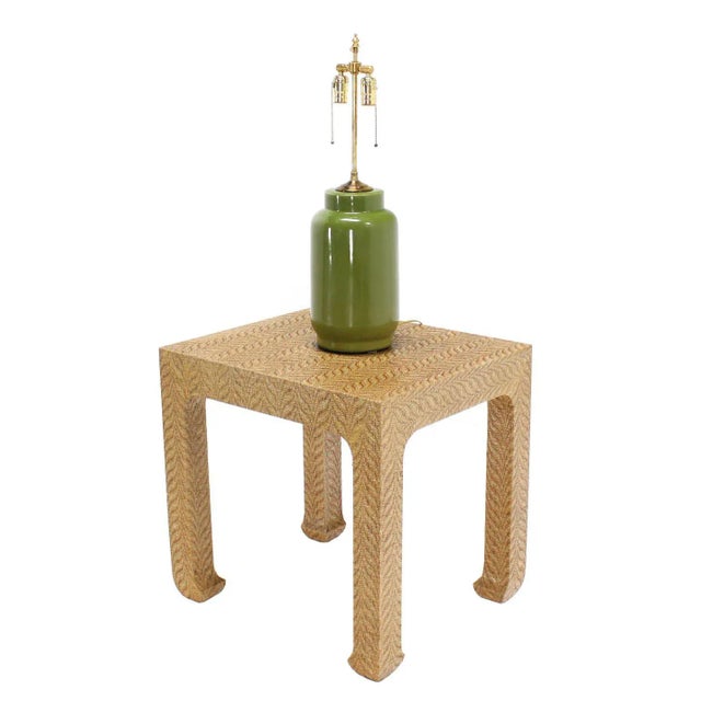 Vintage Mid Century Brass Glazed Pottery Ceramic Cylinder Base Table Lamp For Sale - Image 4 of 8