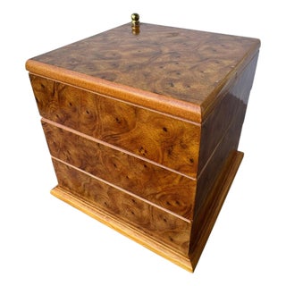 Vintage Mele 3‑Tier Swiveling Jewelry Box • Minimalist Mid Century Modern Organizer • Faux Burled Wood Vanity Storage For Sale