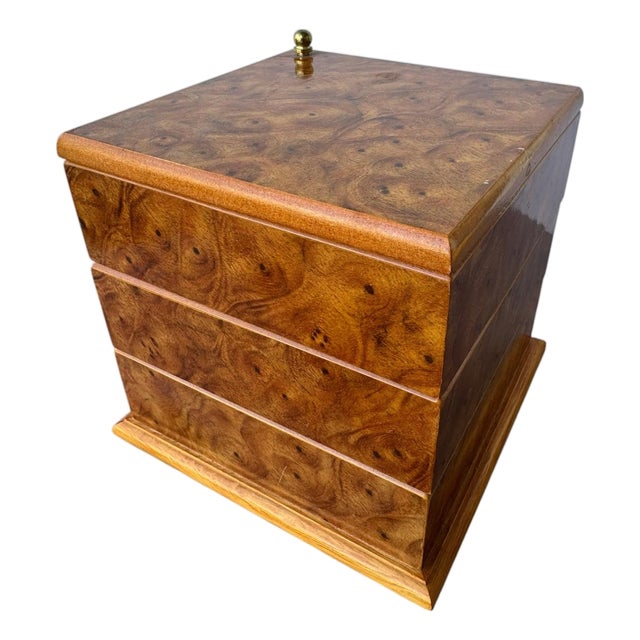 Vintage Mele 3‑Tier Swiveling Jewelry Box • Minimalist Mid Century Modern Organizer • Faux Burled Wood Vanity Storage For Sale
