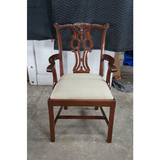 Wood 2 Late 20th Century Maitland Smith Chippendale Pierced Mahogany Dining Arm Chairs Silk Seats Pair For Sale - Image 7 of 18