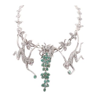 Vintage Extraordinary Articulated Sterling Monkey Necklace With Emerald, Ruby & Marcasite For Sale