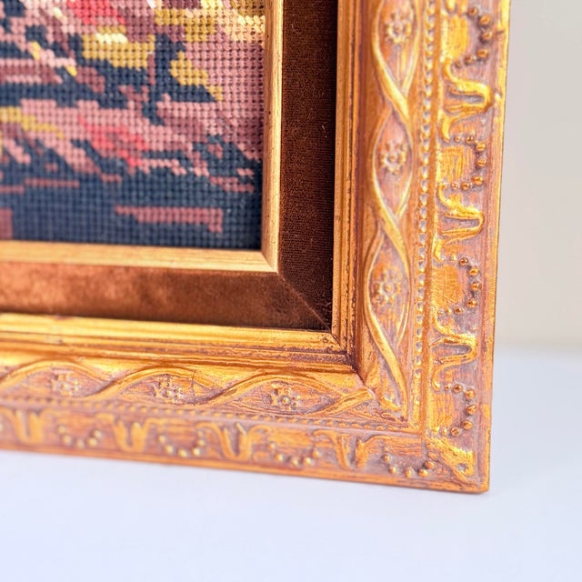 French Provincial Vintage Needlepoint After François Boucher — Pastoral Mill Scene, Ornate Gilt Frame, Grandmillennial For Sale - Image 3 of 6